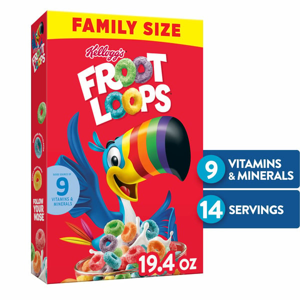 Cereal Kellogg Froot Loops Cold Breakfast Cereal, Fruit Flavored, Snacks with Vitamin C, Original hero