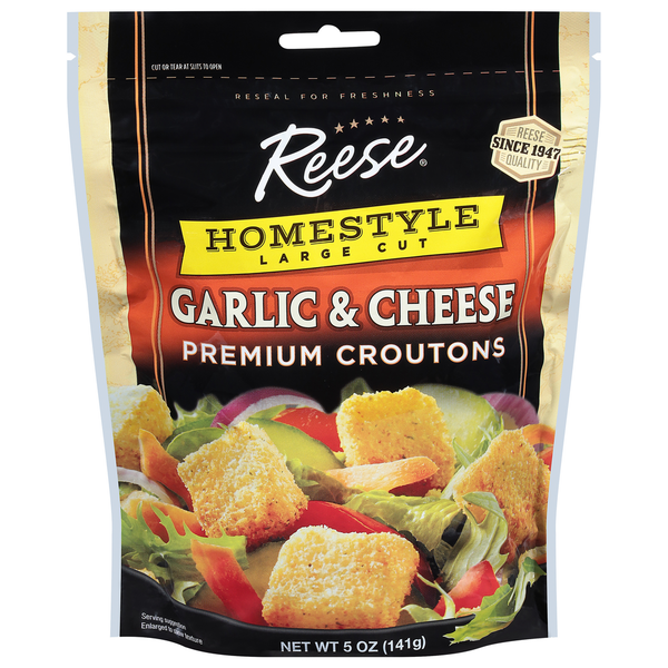 Salad Dressing & Toppings Reese's Croutons, Premium, Garlic & Cheese, Homestyle, Large Cut hero