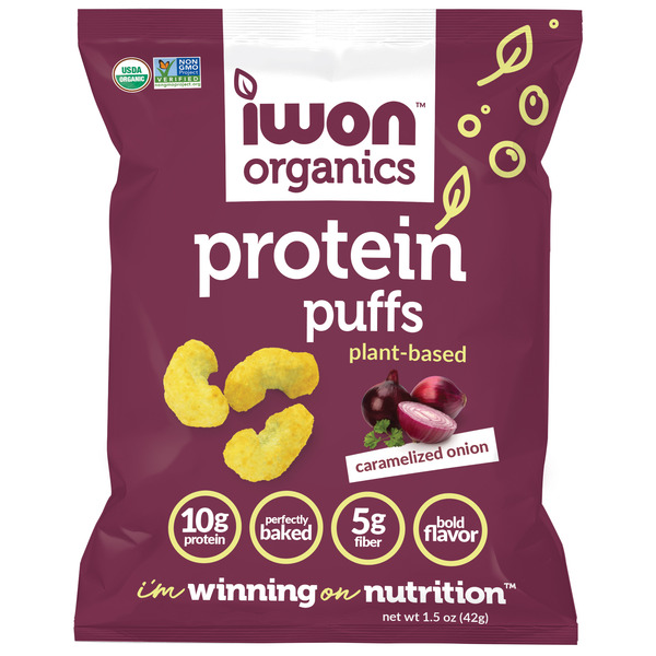 Chips & Pretzels IWON Organics Caramelized Onion, Protein Puffs hero