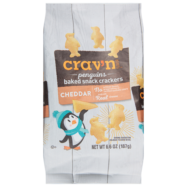 Crackers Crav'n Flavor Snack Crackers, Baked, Cheddar, Penguins hero