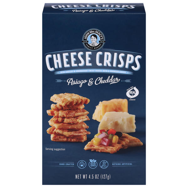 Crackers John Wm. Macy's Cheese Crisps, Asiago & Cheddar hero