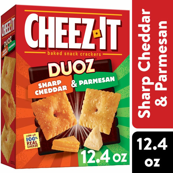 Crackers Cheez-It DUOZ Cheese Crackers, Baked Snack Crackers, Lunch Snacks, Sharp Cheddar and Parmesan hero