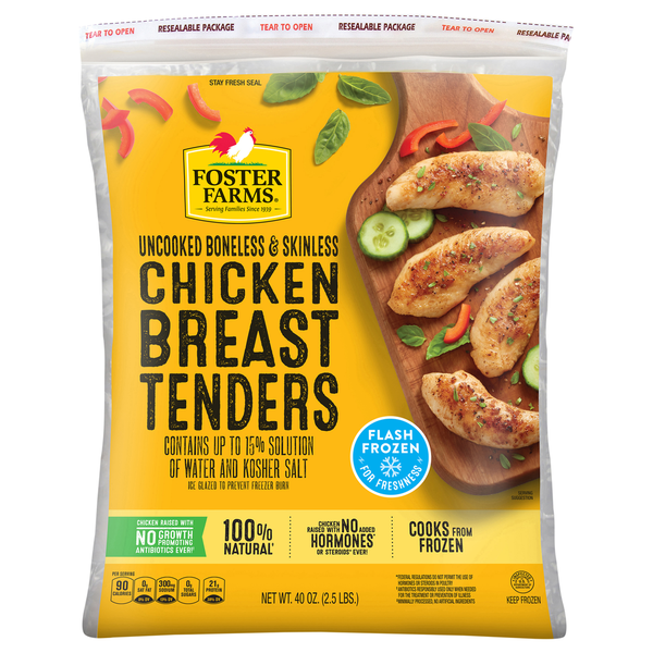 Frozen Meat & Seafood Foster Farms Uncooked Boneless & Skinless Chicken Breast Tenders hero