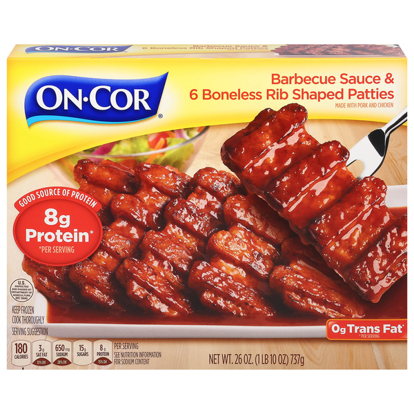 Frozen Meat & Chicken On‑Cor Barbecue Sauce & Boneless Rib Shaped Patties hero