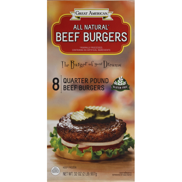 Frozen Meat & Seafood Great American Seafood Beef Burgers, Quarter Pound hero