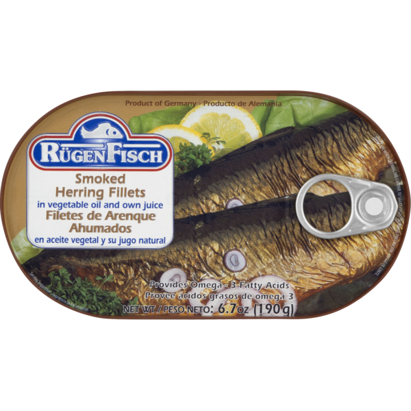 Canned Meat, Seafood & Beans Rügen Fisch Herring Fillets, in Vegetable Oil and Own Juice, Smoked hero