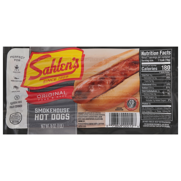 Hot Dogs, Bacon & Sausage Sahlen's Hot Dogs, Smokehouse, Original Pork & Beef hero