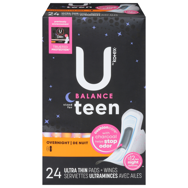 Feminine Care U by Kotex Balance Sized for Teens Ultra Thin Pads with Wings, Overnight Absorbency hero