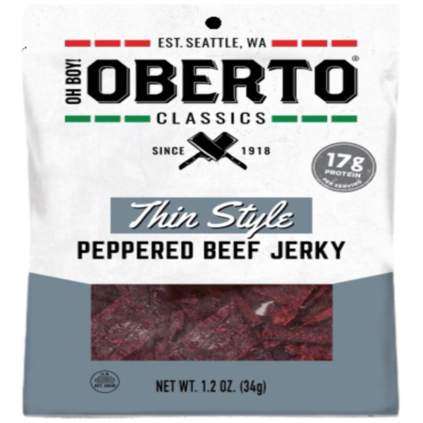 Popcorn & Jerky Oberto Beef Jerky, Peppered Thin Style hero