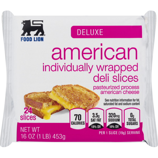 Packaged Cheese Food Lion Deluxe American Cheese Individually Wrapped Deli Slices hero