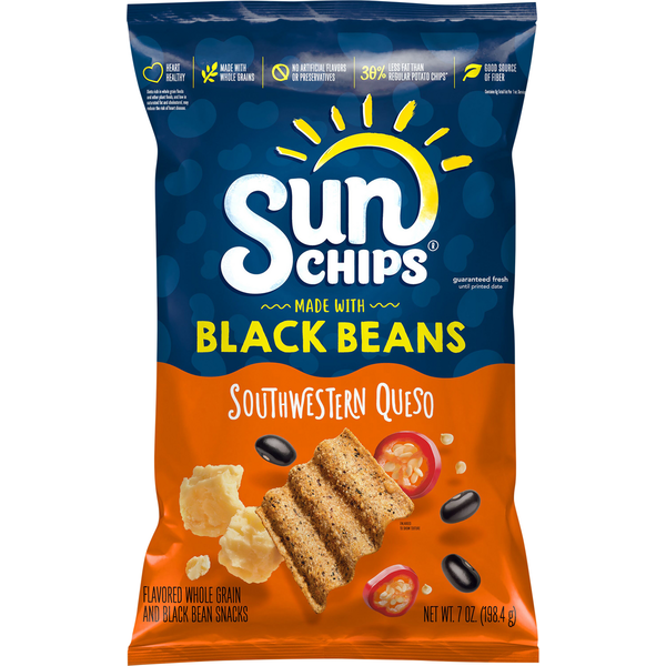 Chips & Pretzels Sun Chips Whole Grain and Black Bean Snacks, Southwestern Queso hero