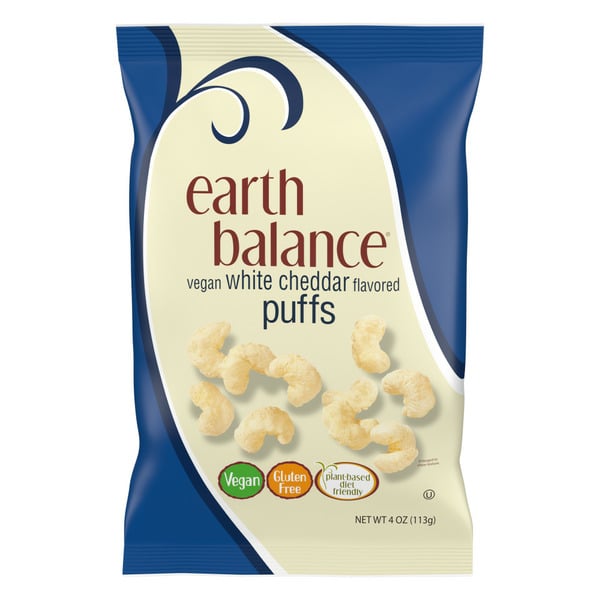 Chips & Pretzels Earth Balance Vegan White Cheddar Flavored Snack Puffs, Gluten Free Snacks hero