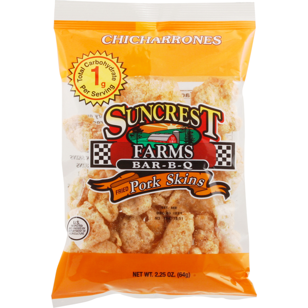 Mexican/Hispanic/Latino Foods Suncrest Farms Pork Skins, Bar-B-Q, Fried, Chicharrones hero