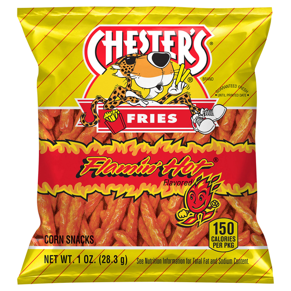 Chips & Pretzels Chester's Corn Snacks, Flamin' Hot Flavored, Fries hero