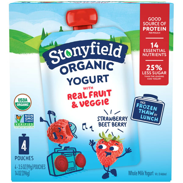 Yogurt Stonyfield Organic Whole Milk Yogurt Pouches Strawberry Beet Berry hero