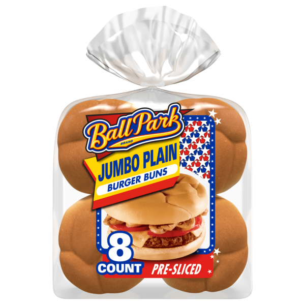 Buns & Rolls Ball Park 8 count, Jumbo Plain Pre-sliced Burger Buns hero