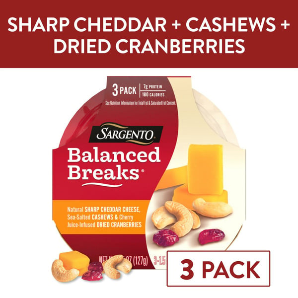 Packaged Cheese Sargento Balanced Breaks, Sharp Cheddar/Cashews/Dried Cranberries, 3 Pack hero