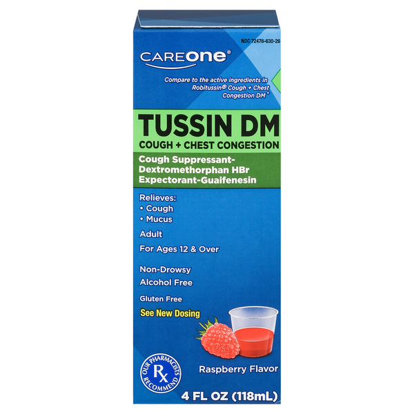 Cold, Flu & Allergy CareOne Tussin DM, Cough + Chest Congestion, Raspberry Flavor, Adult hero