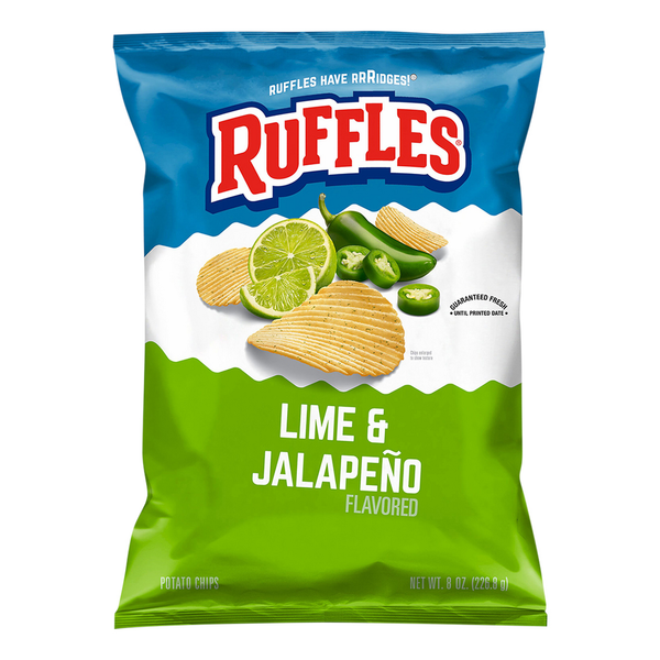 Chips & Pretzels Ruffles Potato Chips, Lime & Jalapeno Flavored hero