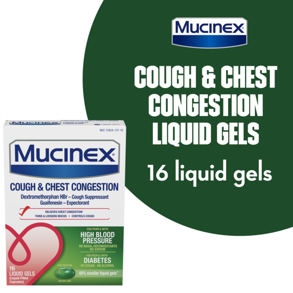 Cold, Flu & Allergy Mucinex Cough & Chest Congestion Liquid Gels For Adults With High Blood Pressure hero