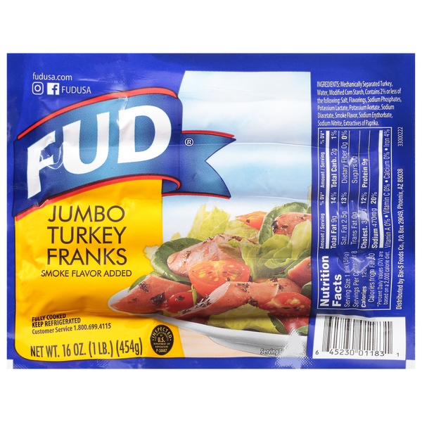 Hot Dogs, Bacon & Sausage FUD Turkey Franks, Jumbo hero