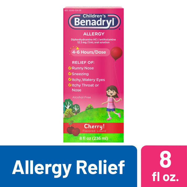 Baby First Aid & Vitamins Benadryl Children's Allergy Relief Liquid, Cherry Flavor hero