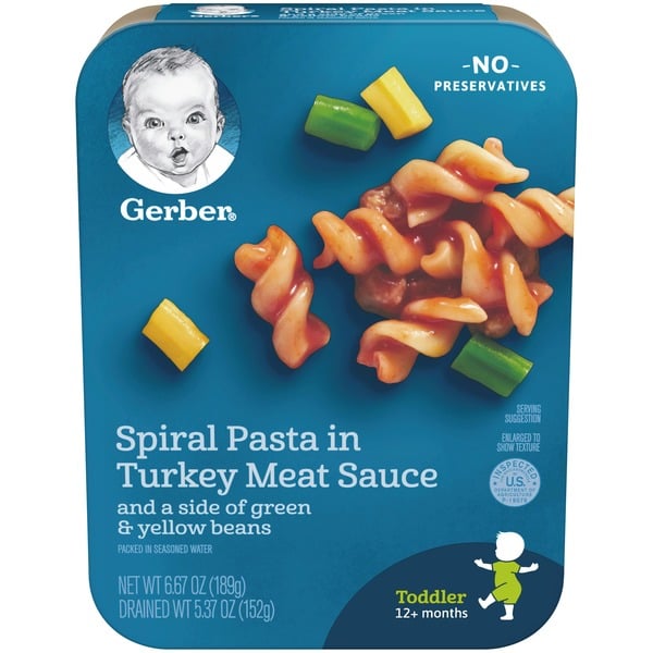 Condiments Gerber Spiral Pasta In Turkey Meat Sauce With Green And Yellow Beans Toddler Food Tray hero