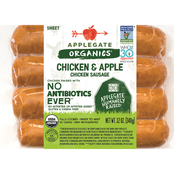 Hot Dogs, Bacon & Sausage Applegate Organics Organic Chicken & Apple Dinner Sausage hero