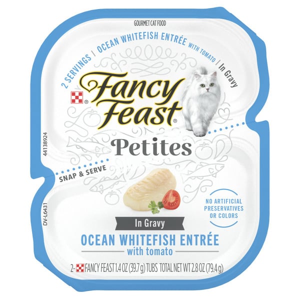 Canned Meals & Beans Purina Fancy Feast Gourmet Gravy Wet Cat Food, Petites Ocean Whitefish With Tomato Entree hero