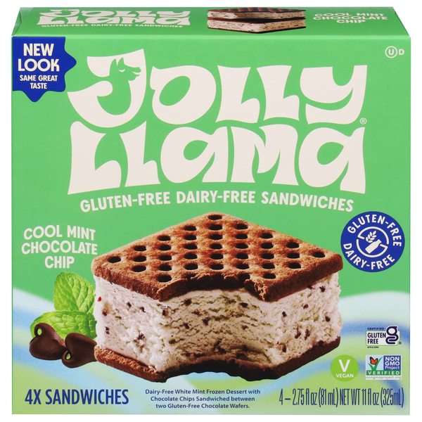 Frozen Dessert Jolly Llama Frozen Dessert Sandwiches, Dairy-Free, Gluten-Free, Cool Mint Chocolate Chip hero