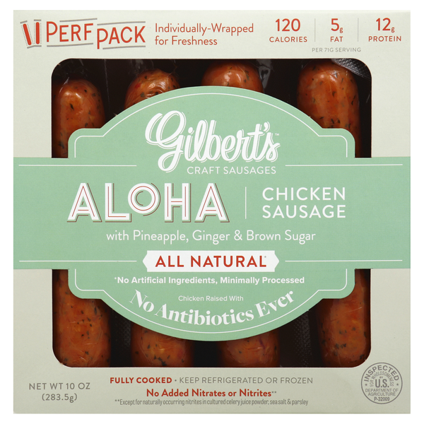 Hot Dogs, Bacon & Sausage Gilbert's Craft Sausages Sausage, Chicken, Aloha, with Pineapple, Ginger & Brown Sugar hero