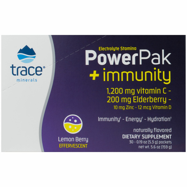 Trace Minerals Electrolyte Stamina Powerpak + Immunity Vitamin C 1,200 Mg, Elderberry 200 Mg, Zinc 10 Mg, Vitamin D 12 Mcg, Immunity, Energy, Hydration Dietary Supplement Effervescent Packets, Lemon Berry hero