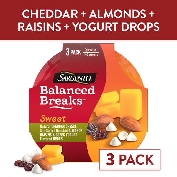 Yogurt Sargento Balanced Breaks, Cheddar Cheese, Almonds, Raisins & Greek Yogurt, Sweet, 3 Pack hero