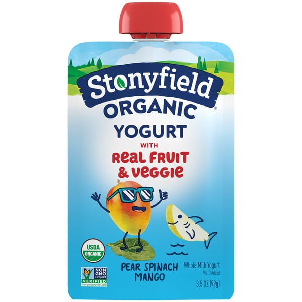 Yogurt Stonyfield Organic Whole Milk Yogurt Pouch Pear Spinach Mango hero