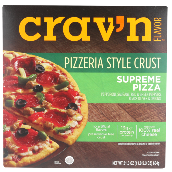 Frozen Pizza Crav'n Flavor Supreme Pepperoni, Sausage, Red & Green Peppers, Black Olives & Onions Pizzeria Style Crust Pizza hero