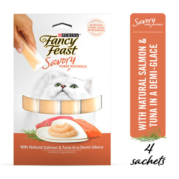 Cat Food Purina Fancy Feast Squeezable Cat Treats Tube, Savory Puree Naturals With Natural Salmon & Tuna in Demi-Glace hero