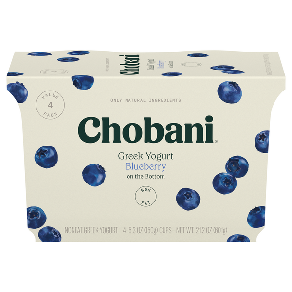 Yogurt Chobani Yogurt, Greek, Nonfat, Blueberry on the Bottom, Value 4 Pack hero