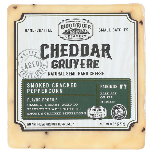 Specialty Cheeses Wood River Creamery Cheese, Cheddar Gruyere, Smoked Cracked Peppercorn hero