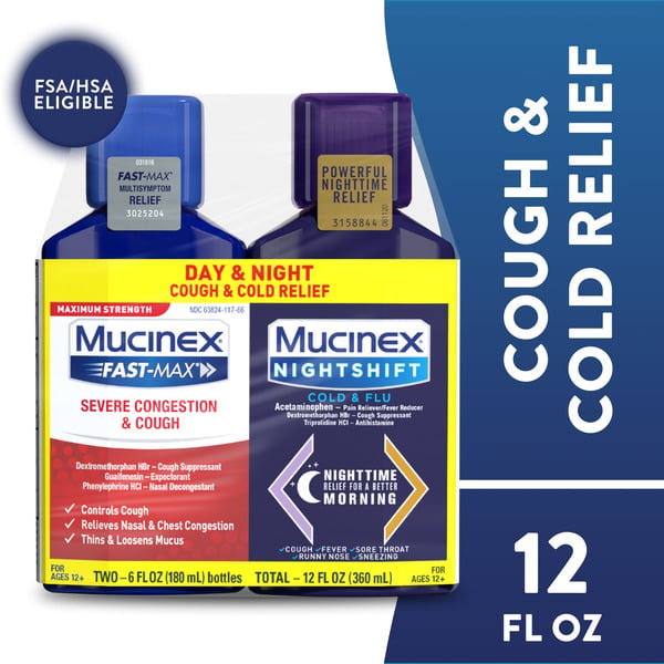 Cold, Flu & Allergy Mucinex Max Strength Fast-Max Severe Congestion & Cough & Nightshift Cold & Flu Liquid hero