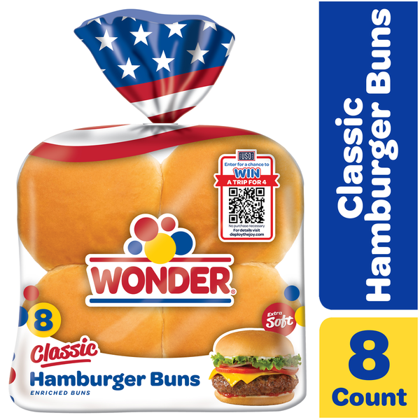 Packaged Bread Wonder Bread Bread Classic Hamburger Buns, White Bread Hamburger Buns, 8 Count hero