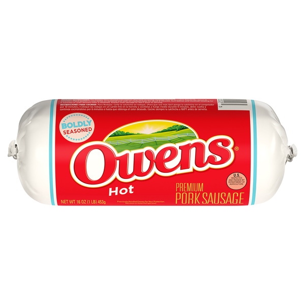 Hot Dogs, Bacon & Sausage Owen's Pork Sausage, Premium, Boldly Seasoned, Hot hero