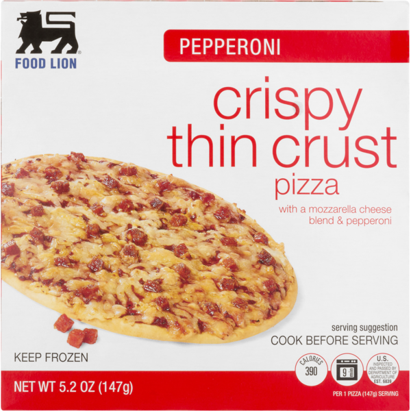 Frozen Pizza Food Lion Pizza, Thin Crust, Crispy, Pepperoni, Box hero