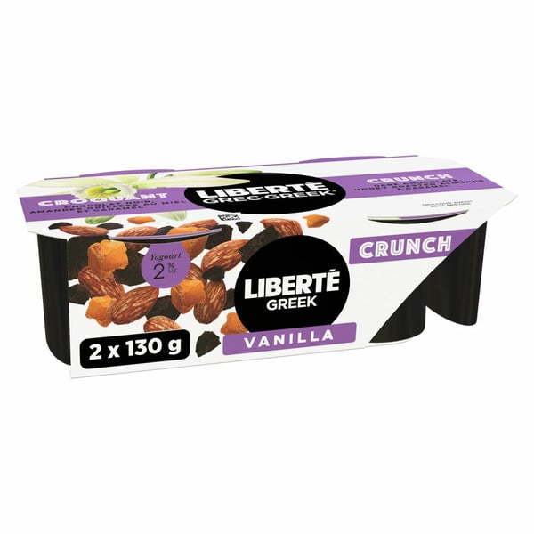 Yogurt Liberté Greek 2% Vanilla Bean Yogurt Cups with Dark Chocolate, Almonds, and Caramel hero