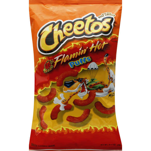 Chips & Pretzels Cheetos Cheese Flavored Snacks, Puffs, Flamin' Hot hero