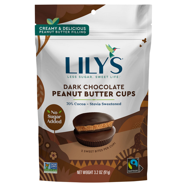 Juice & Nectars Lily's Dark Chocolate Style Peanut Butter Cups No Sugar Added Sweets hero