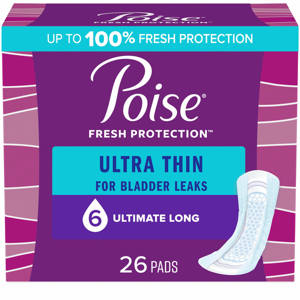 Feminine Care Poise Ultra Thin Incontinence Pads, 6 Drop Ultimate Absorbency, Long Length hero