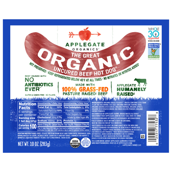 Hot Dogs, Bacon & Sausage Applegate Organics Great Organic Beef Hot Dog Uncured hero