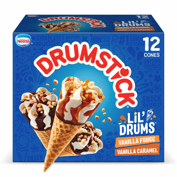 Frozen Dessert & Novelties Drumstick Lil' Drums Vanilla Fudge Swirl and Vanilla Caramel Swirl Sundae Cones hero