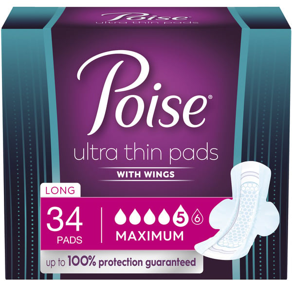 Feminine Care Poise Ultra Thin Incontinence Pads with Wings, Maximum Absorbency, Long Length hero