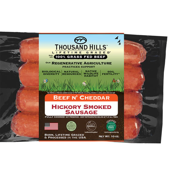 Hot Dogs, Bacon & Sausage Thousand Hills Lifetime Grazed Beef 'n Cheddar Sausage hero